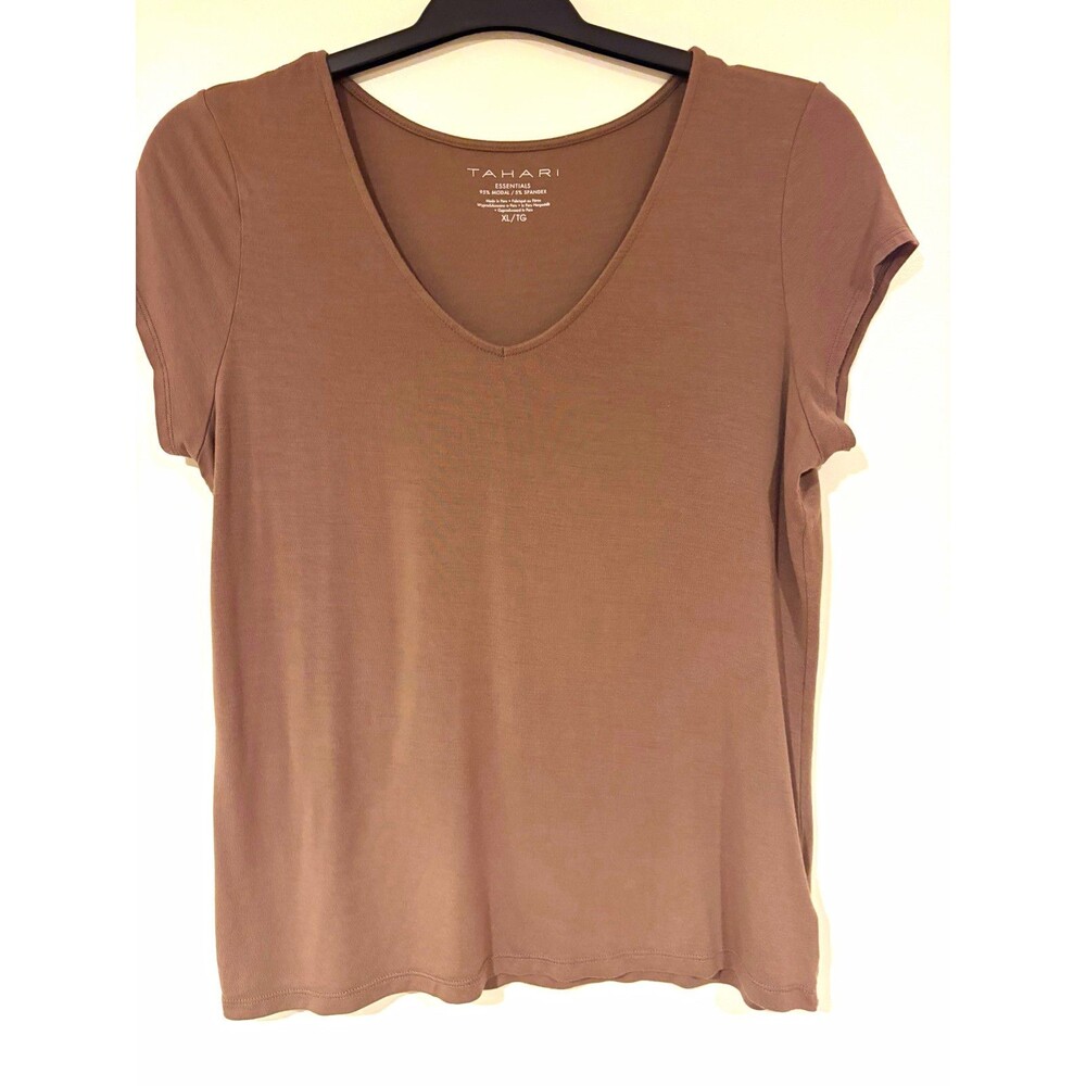 Tahari Women's XL Brown V-Neck Short Sleeve Stretch Jersey Modal/Spandex Tee